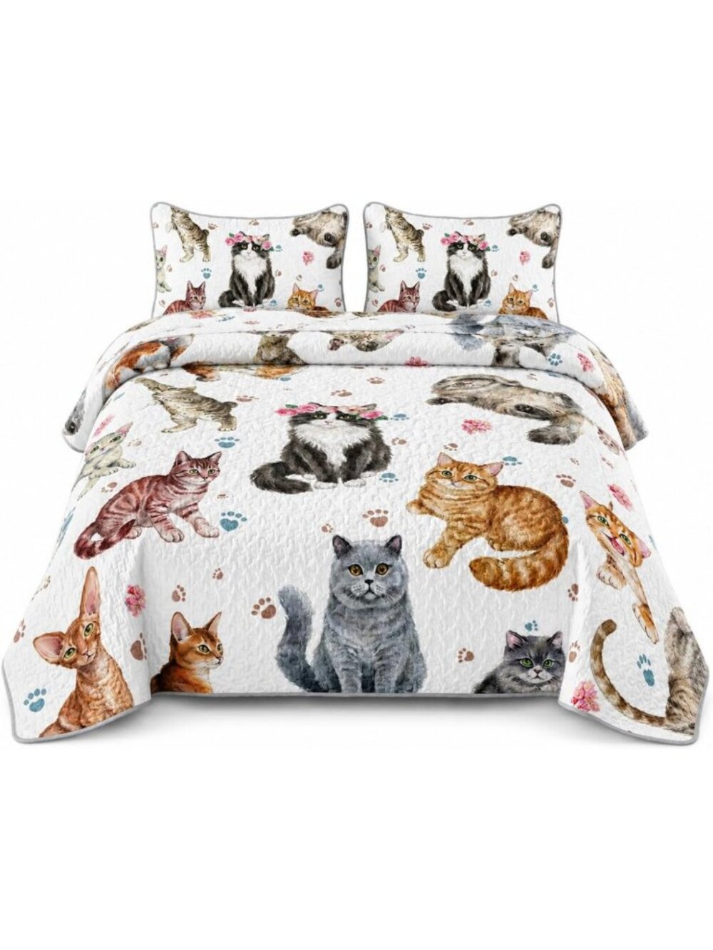 Kawaii Cat Quilt Set Queen - Floral Paw Print Coverlet & 2 Pillowcases, Soft